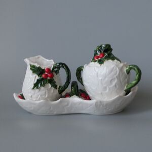 Vintage Lefton White Holly Cream Sugar Caddy Set Christmas Retro Cottagecore EUC
